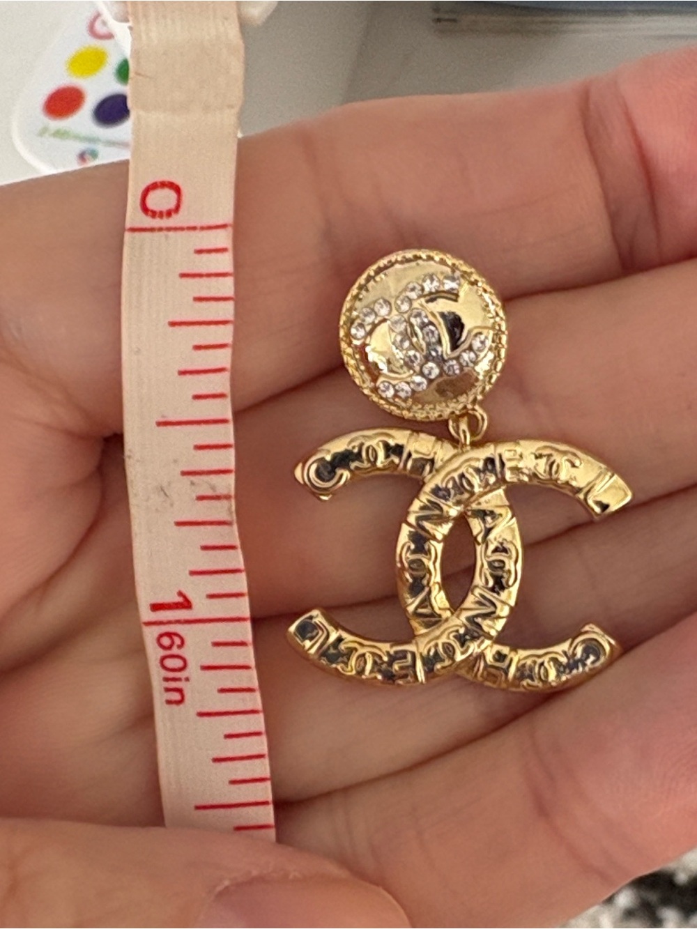 CHANEL Gold CC Drop Earrings with Crystal Accents - Gold - Picture 6 of 8